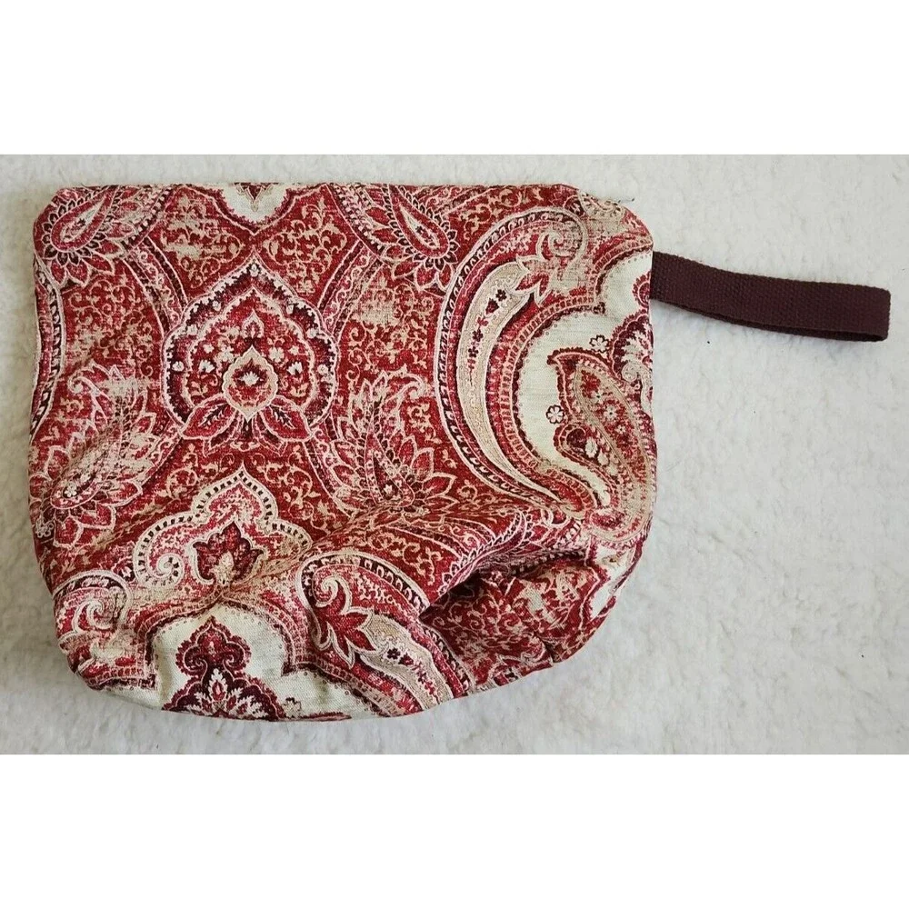 Fabric Tapestry Pattern Makeup Bag, Zippered Project Bag, Cream, Red Pouch